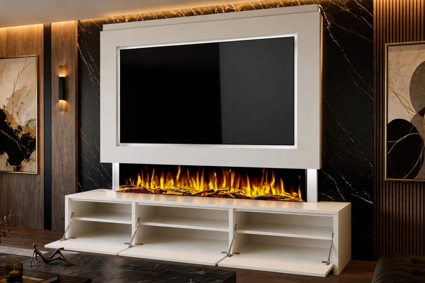 Evolution Fires Package 23 – Pre-Built Media Wall with Electric Fireplace
