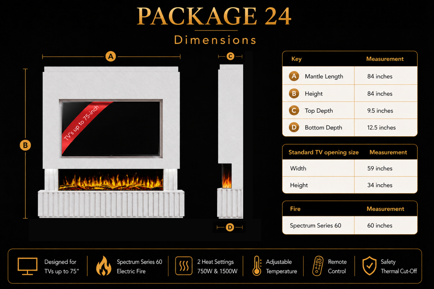 Evolution Fires Package 24 – Pre-Built Media Wall with Electric Fireplace
