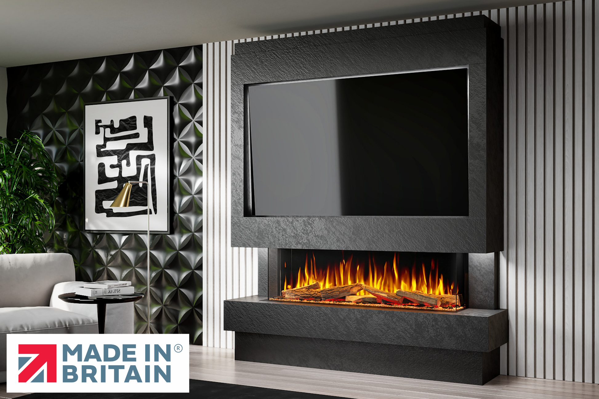 Evolution Fires Package 10 – Pre-Built Media Wall with Electric Fireplace-Media Walls-Black Textured-