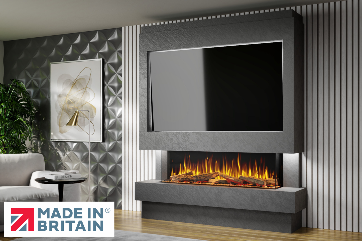 Evolution Fires Package 10 – Pre-Built Media Wall with Electric Fireplace-Media Walls-Grey Textured-