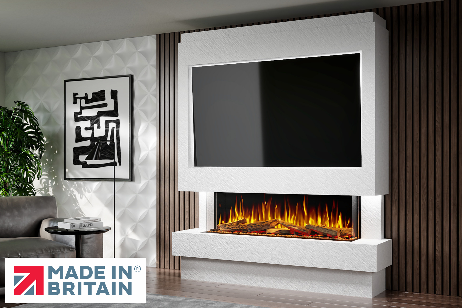Evolution Fires Package 10 – Pre-Built Media Wall with Electric Fireplace-Media Walls-White Textured-