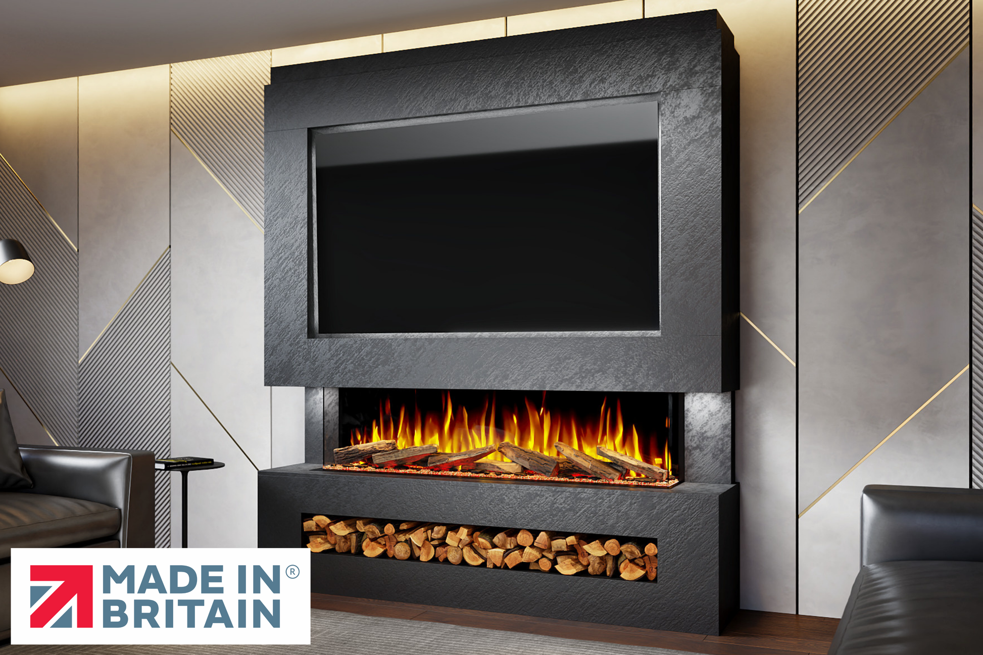 Evolution Fires Package 11 – Pre-Built Media Wall with Electric Fireplace-Media Walls-Black Textured-