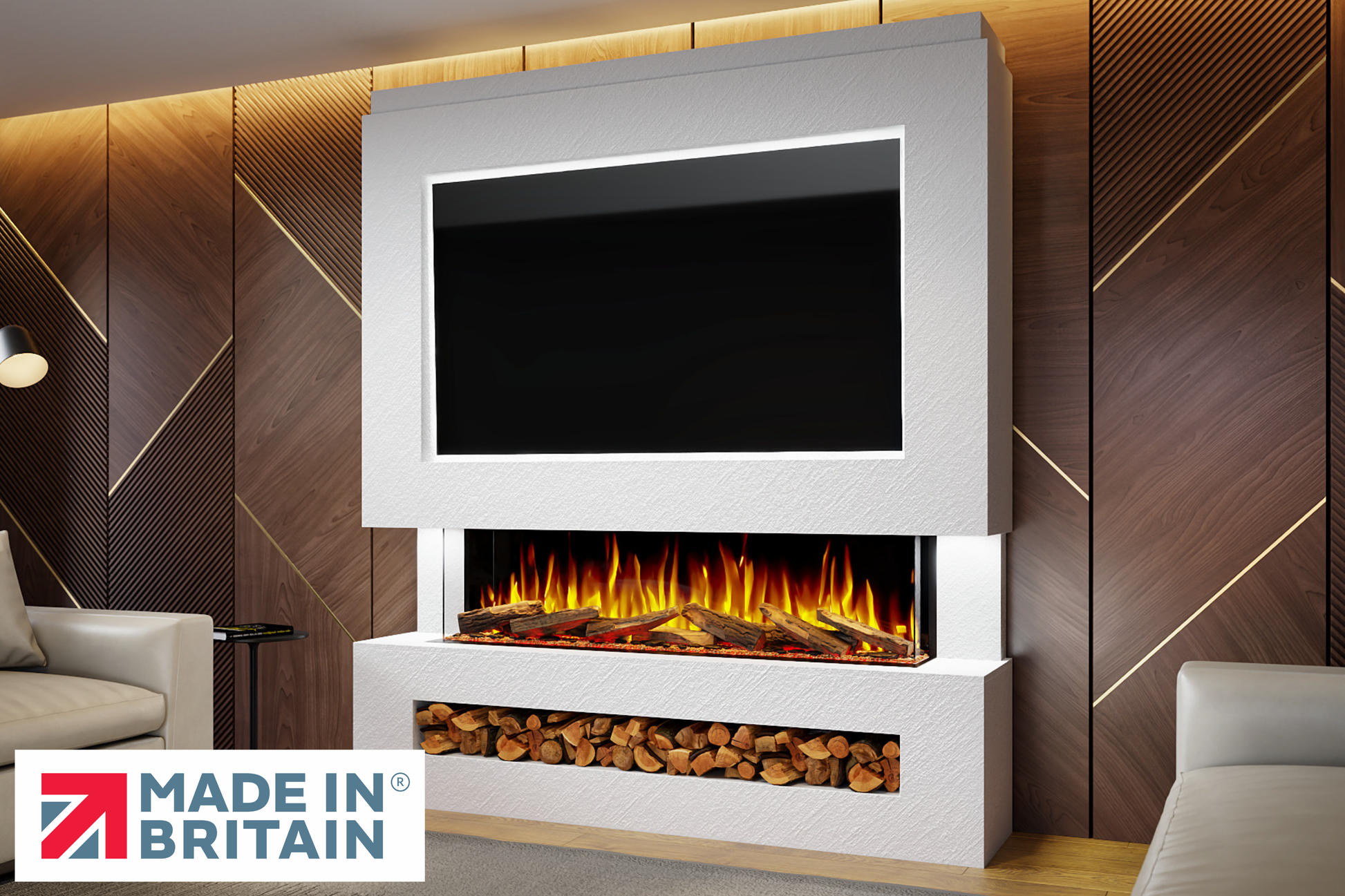 Evolution Fires Package 11 – Pre-Built Media Wall with Electric Fireplace-Media Walls-White Textured-