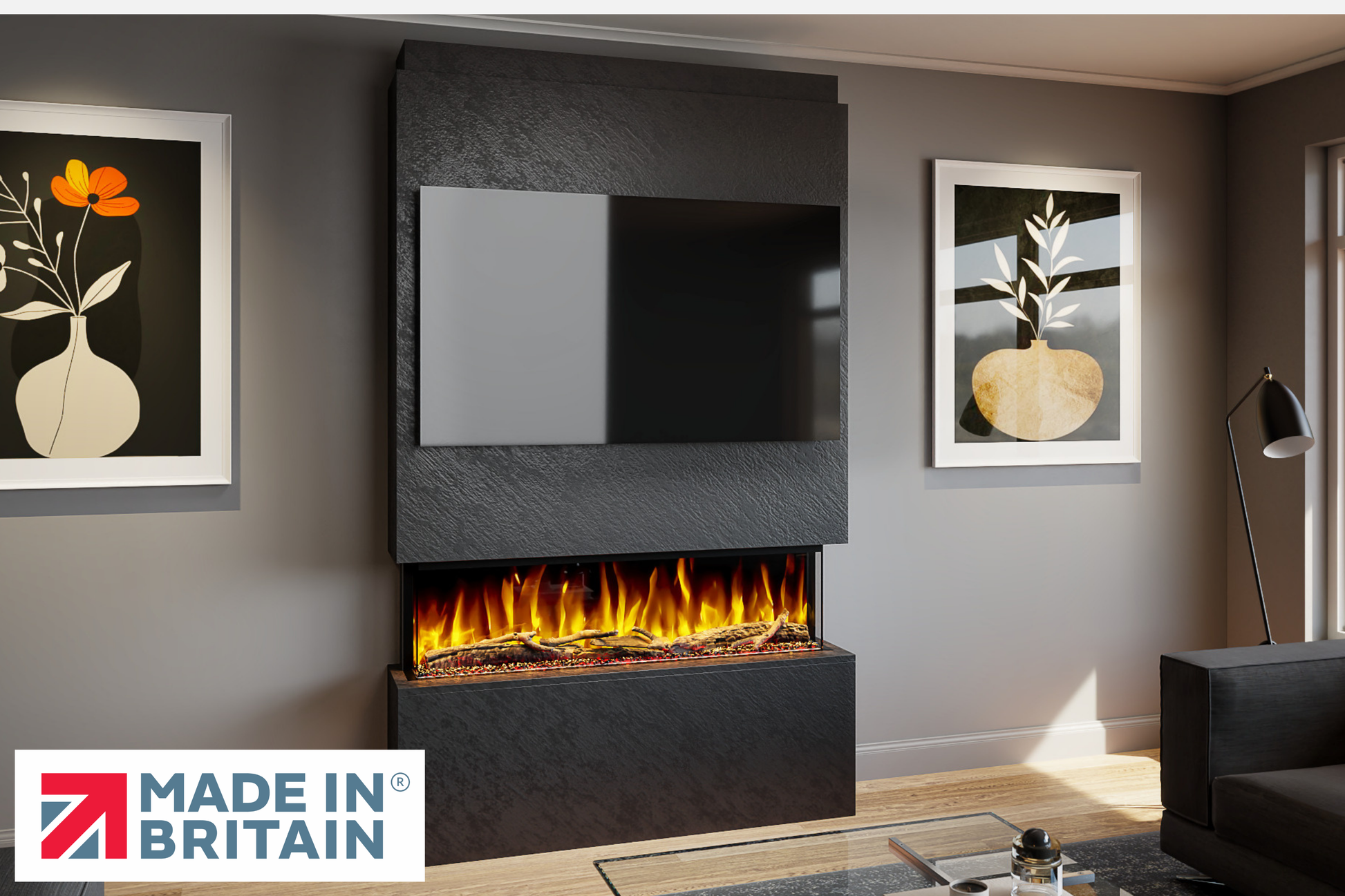 Evolution Fires - Pre-Built Media Wall Package 18 including Electric Fire-Media Walls-Black Textured-