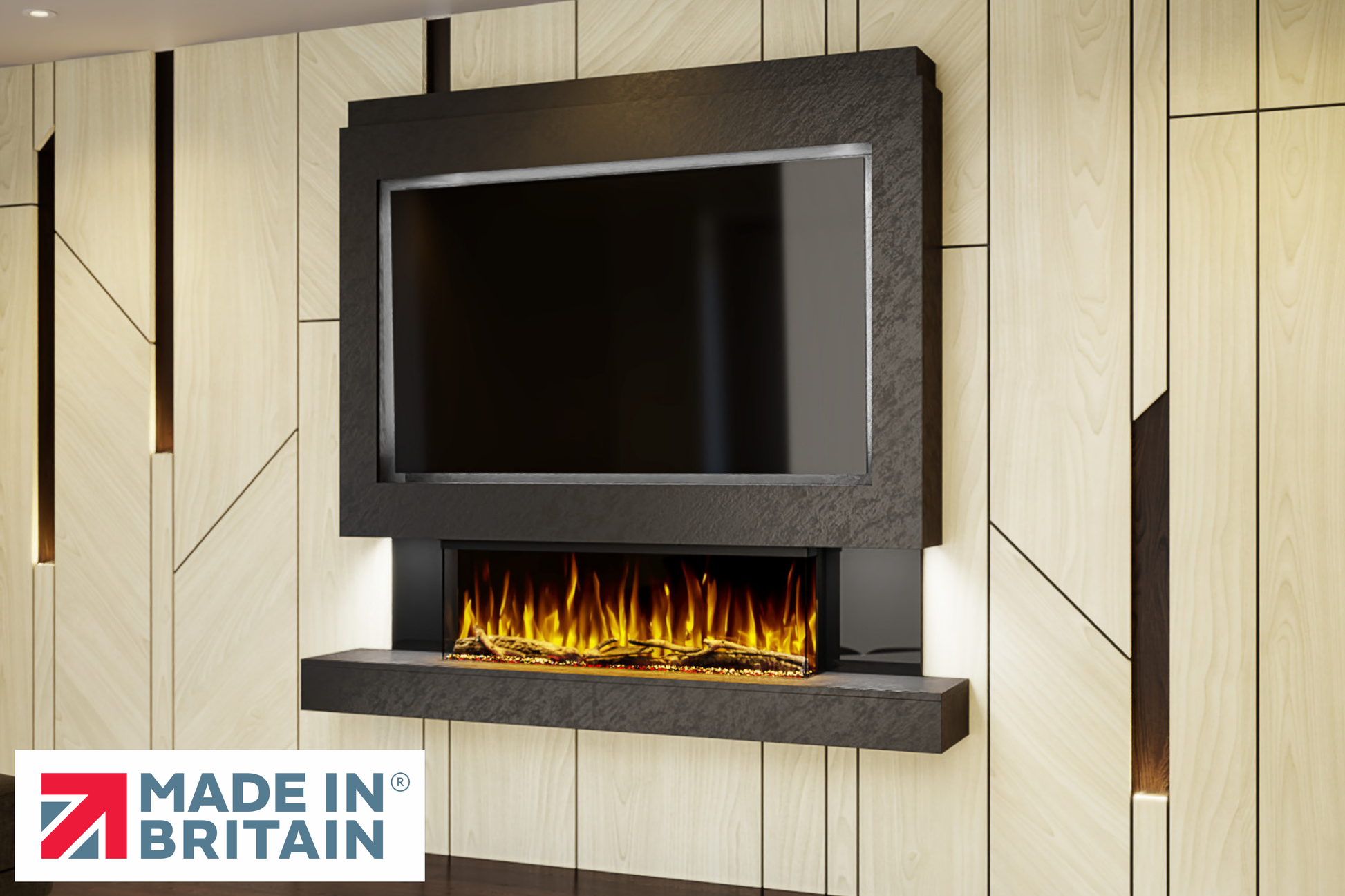 Evolution Fires Package 1 – Pre-Built Media Wall with Electric Fireplace-Media Walls-Black Textured-