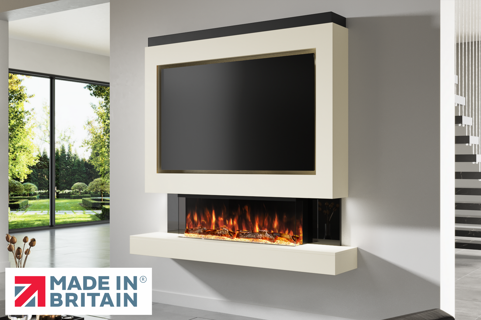 Evolution Fires Package 1 – Pre-Built Media Wall with Electric Fireplace-Media Walls-Cream-