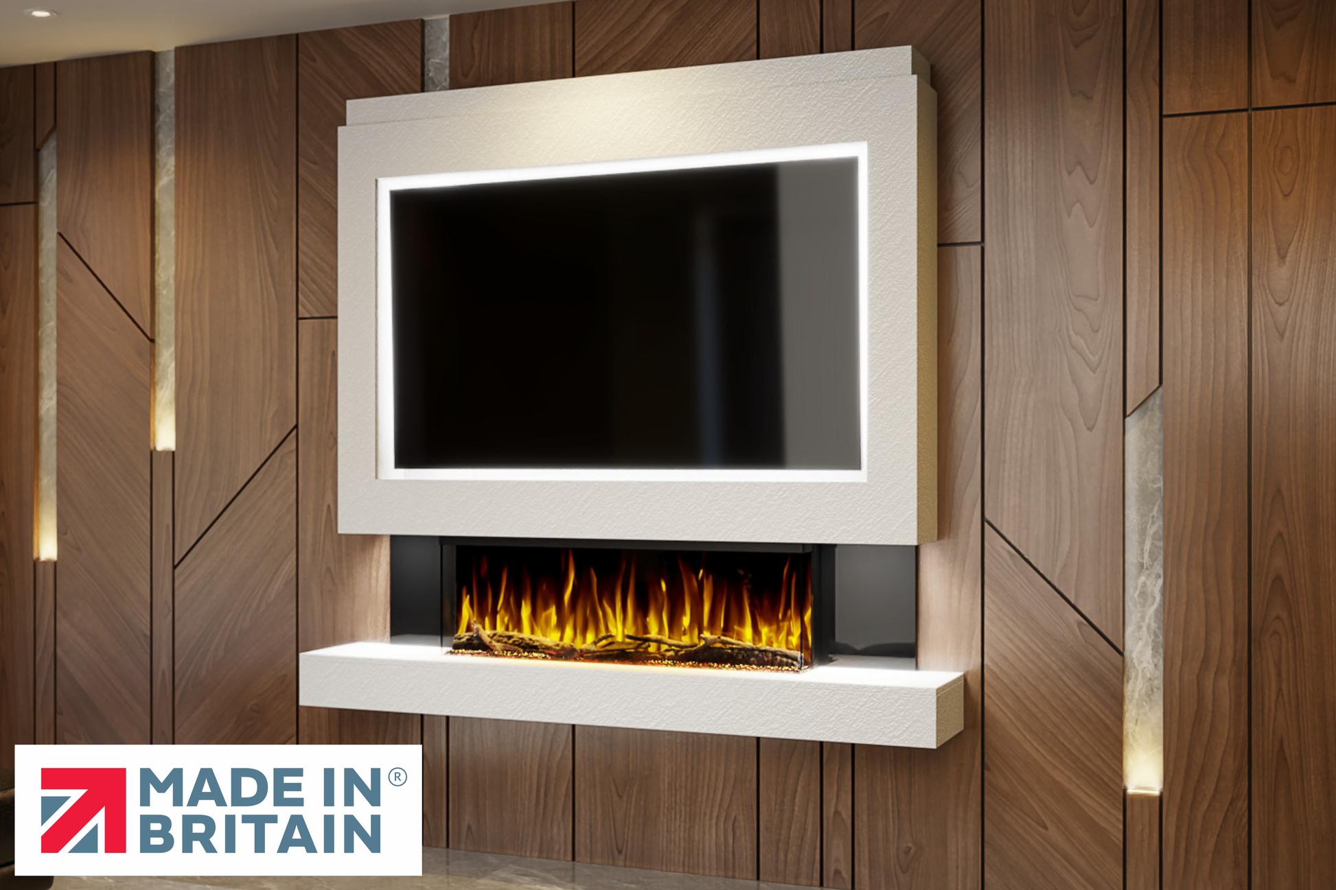 Evolution Fires Package 1 – Pre-Built Media Wall with Electric Fireplace-Media Walls-White Textured-