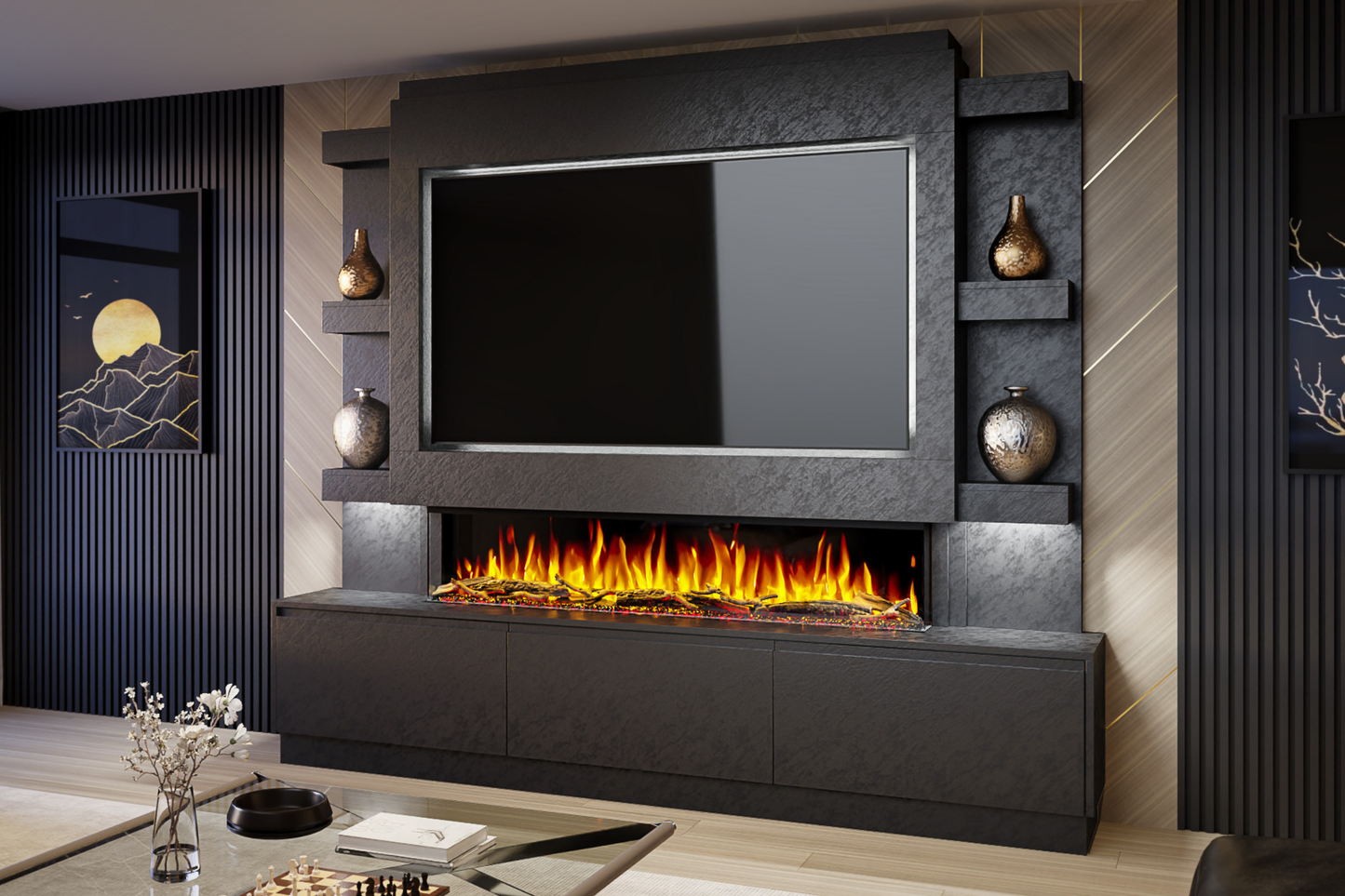 Evolution Fires Package 22 – Pre-Built Media Wall with Electric Fireplace