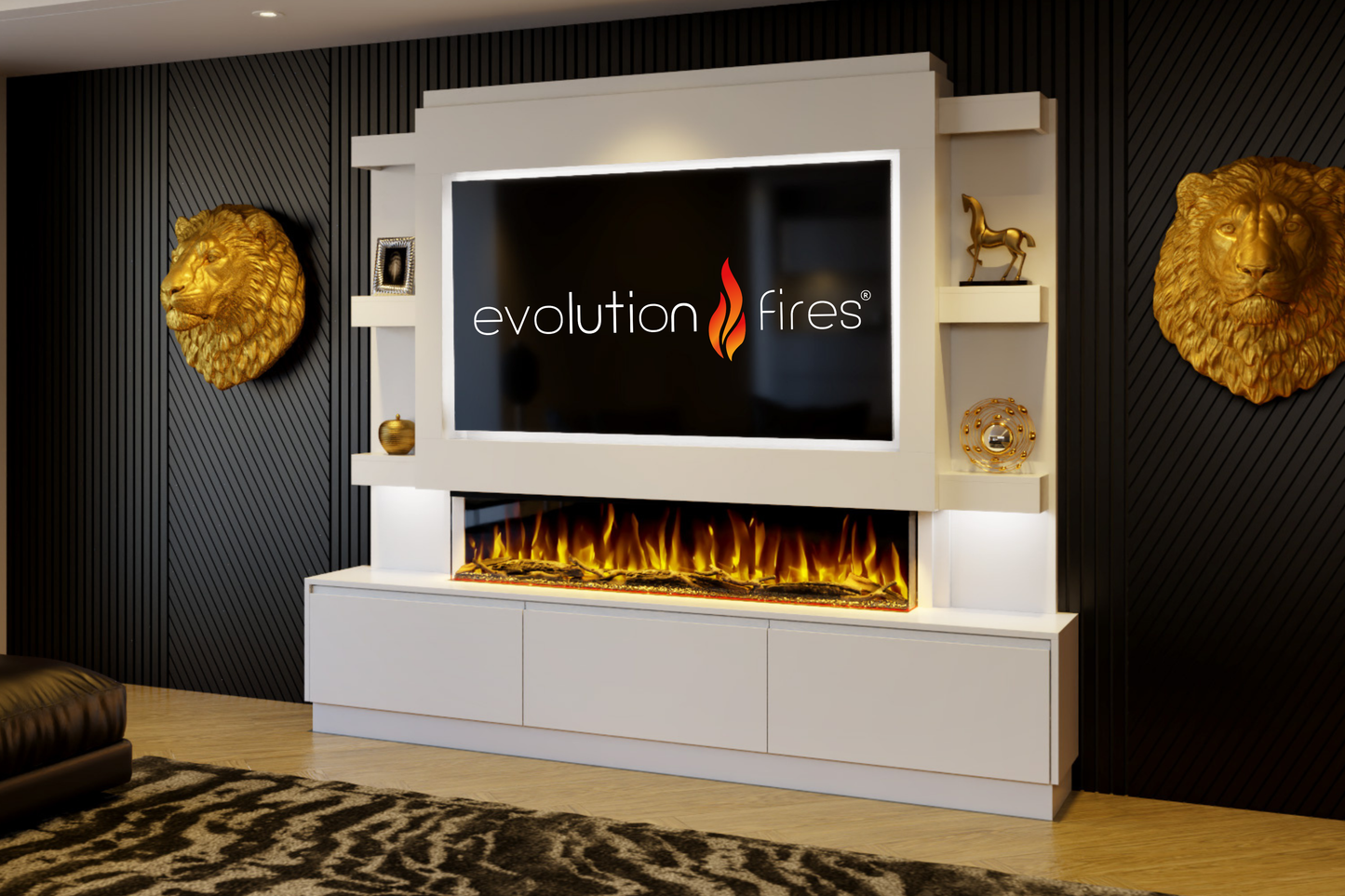 Evolution Fires Package 22 – Pre-Built Media Wall with Electric Fireplace