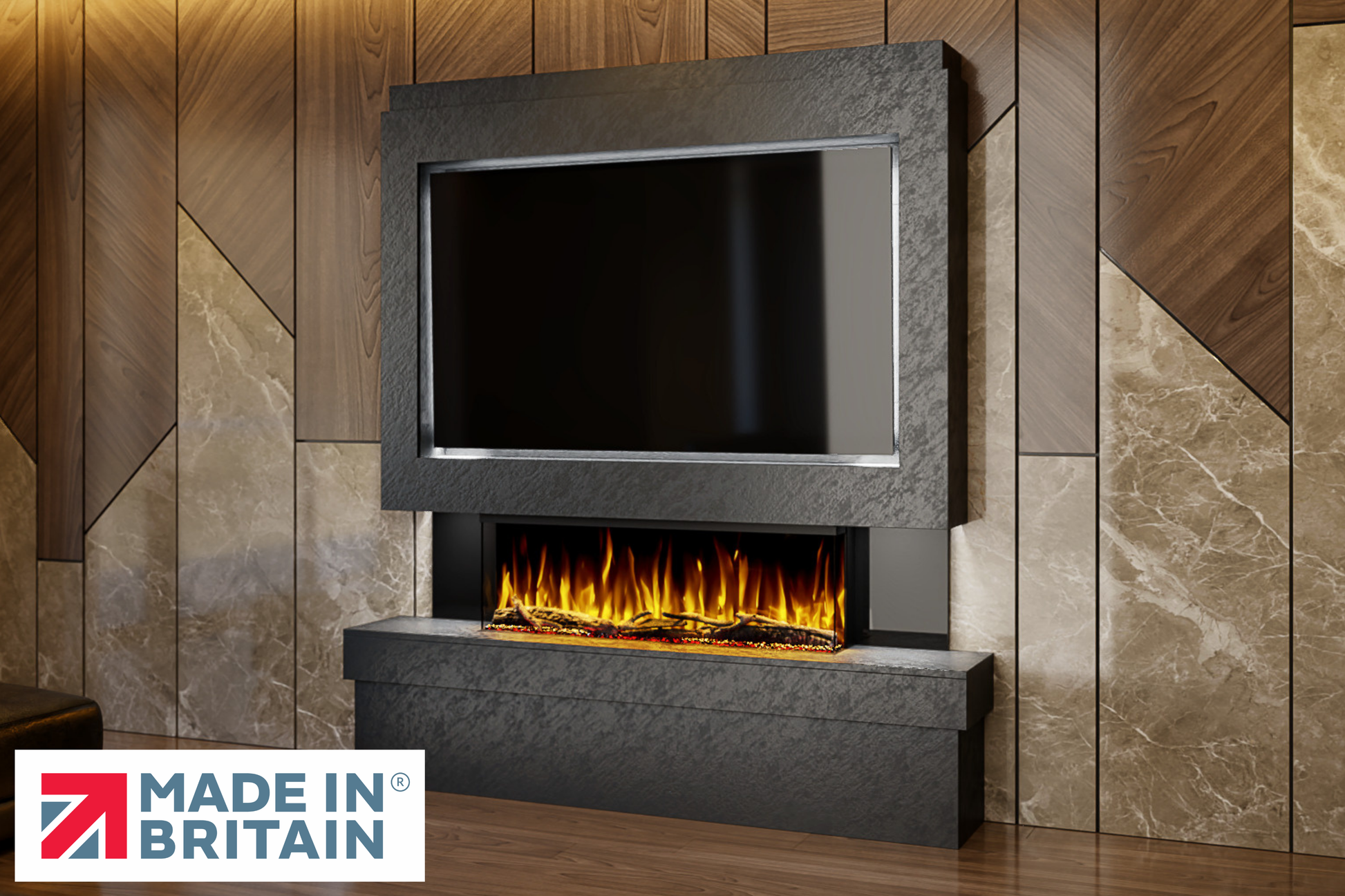 Evolution Fires Package 2 – Pre-Built Media Wall with Electric Fireplace-Media Walls-Black Textured-