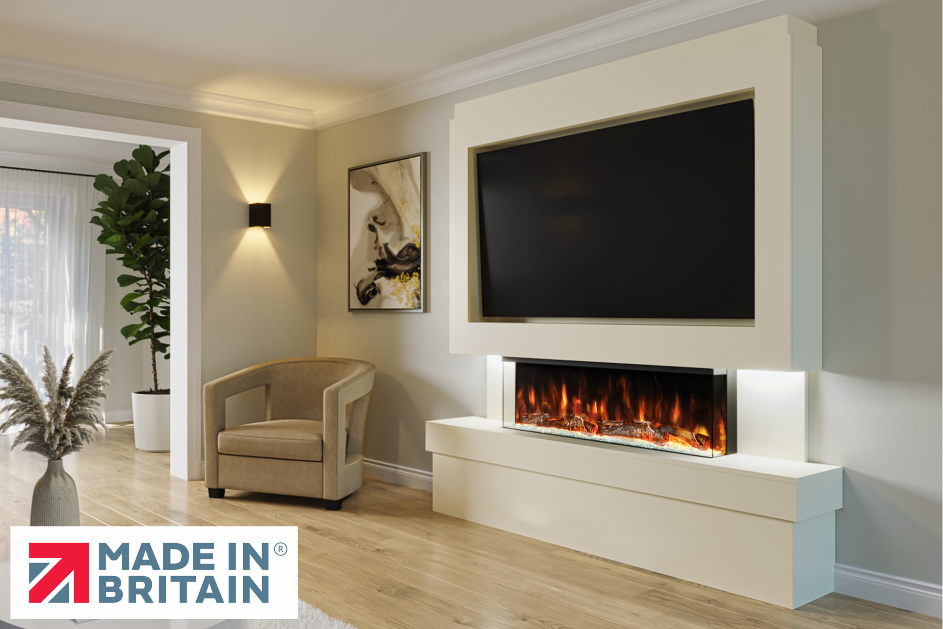 Evolution Fires Package 2 – Pre-Built Media Wall with Electric Fireplace-Media Walls-Cream-