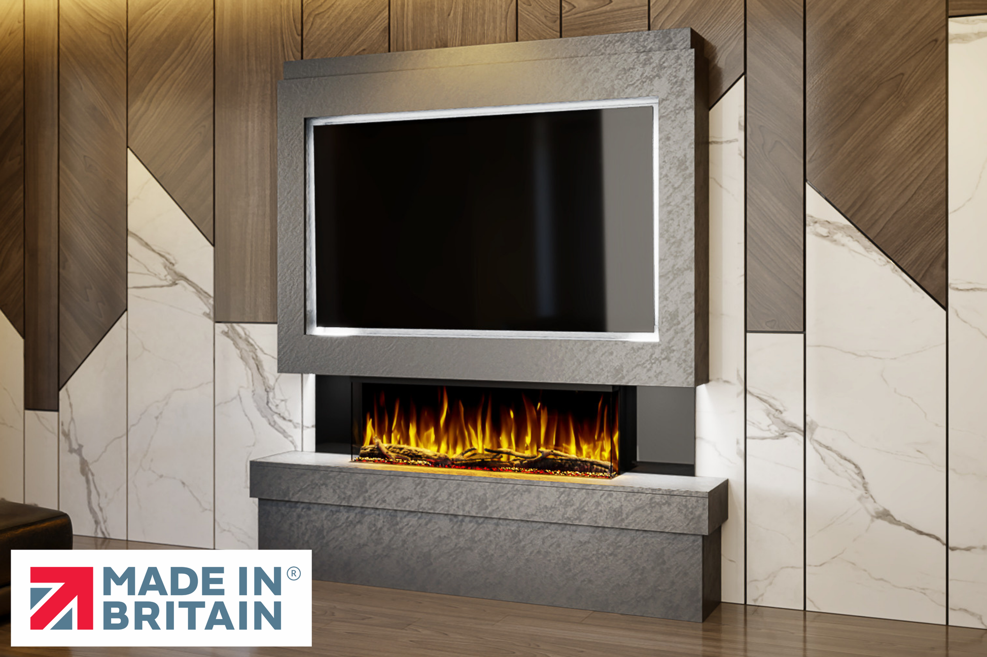 Evolution Fires Package 2 – Pre-Built Media Wall with Electric Fireplace-Media Walls-Grey Textured-