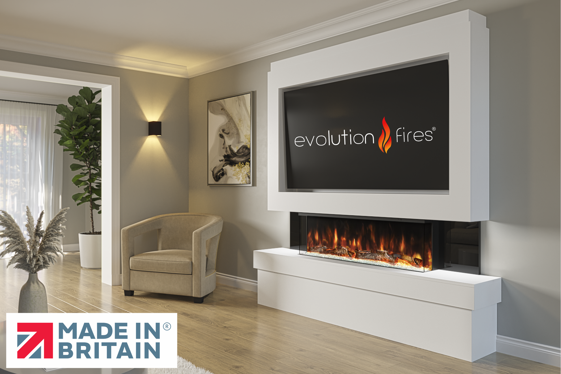 Evolution Fires Package 2 – Pre-Built Media Wall with Electric Fireplace-Media Walls-White-