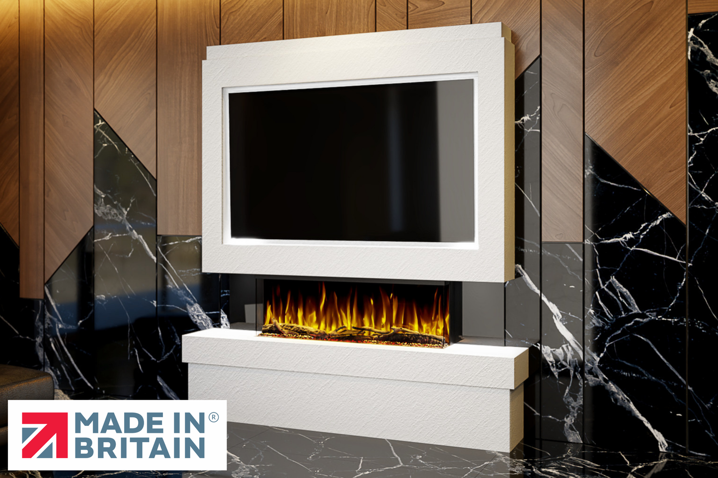 Evolution Fires Package 2 – Pre-Built Media Wall with Electric Fireplace-Media Walls-White Textured-