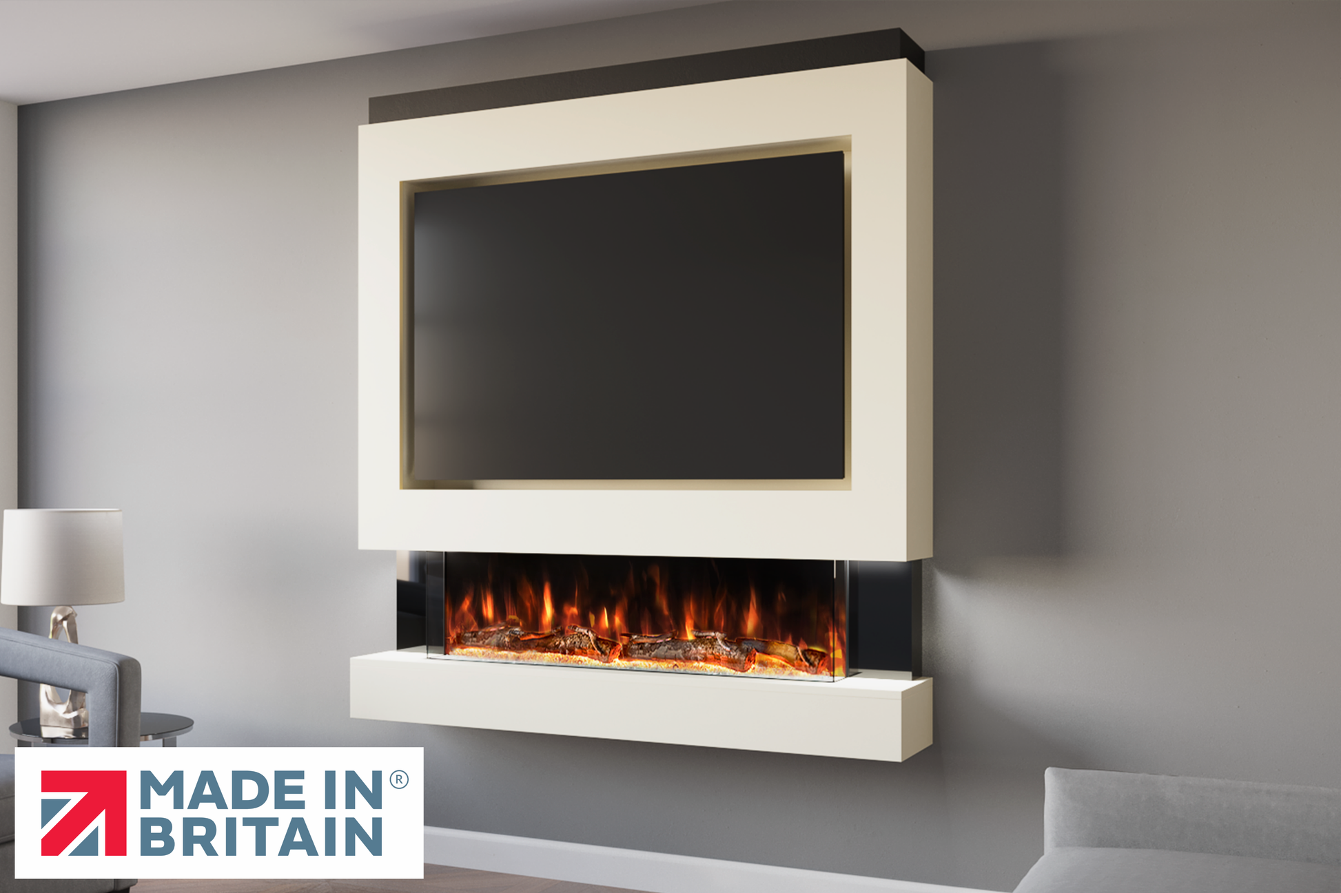 Evolution Fires Package 4 – Pre-Built Media Wall with Electric Fireplace-Cream-