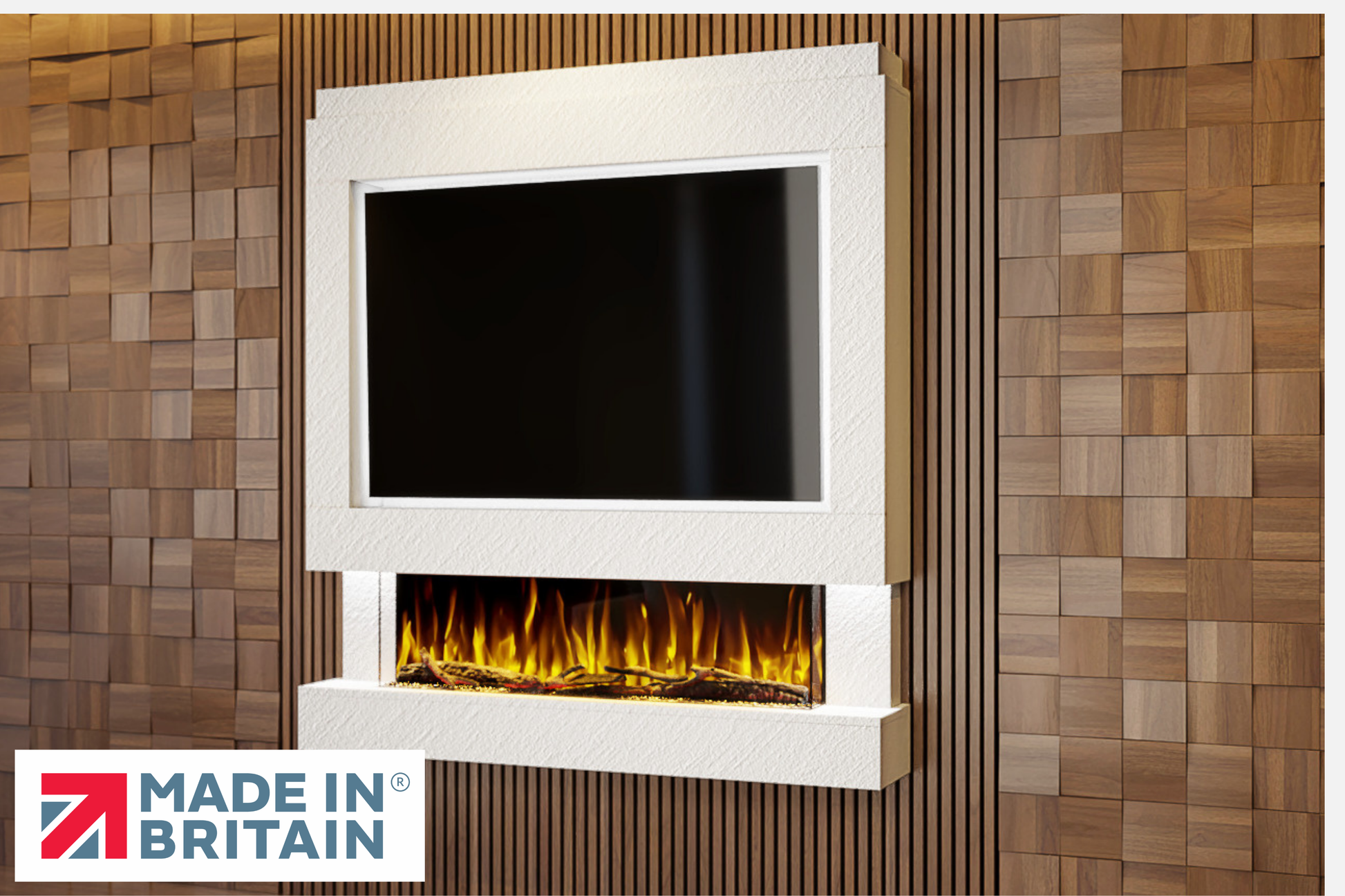 Evolution Fires Package 4 – Pre-Built Media Wall with Electric Fireplace-White Textured-