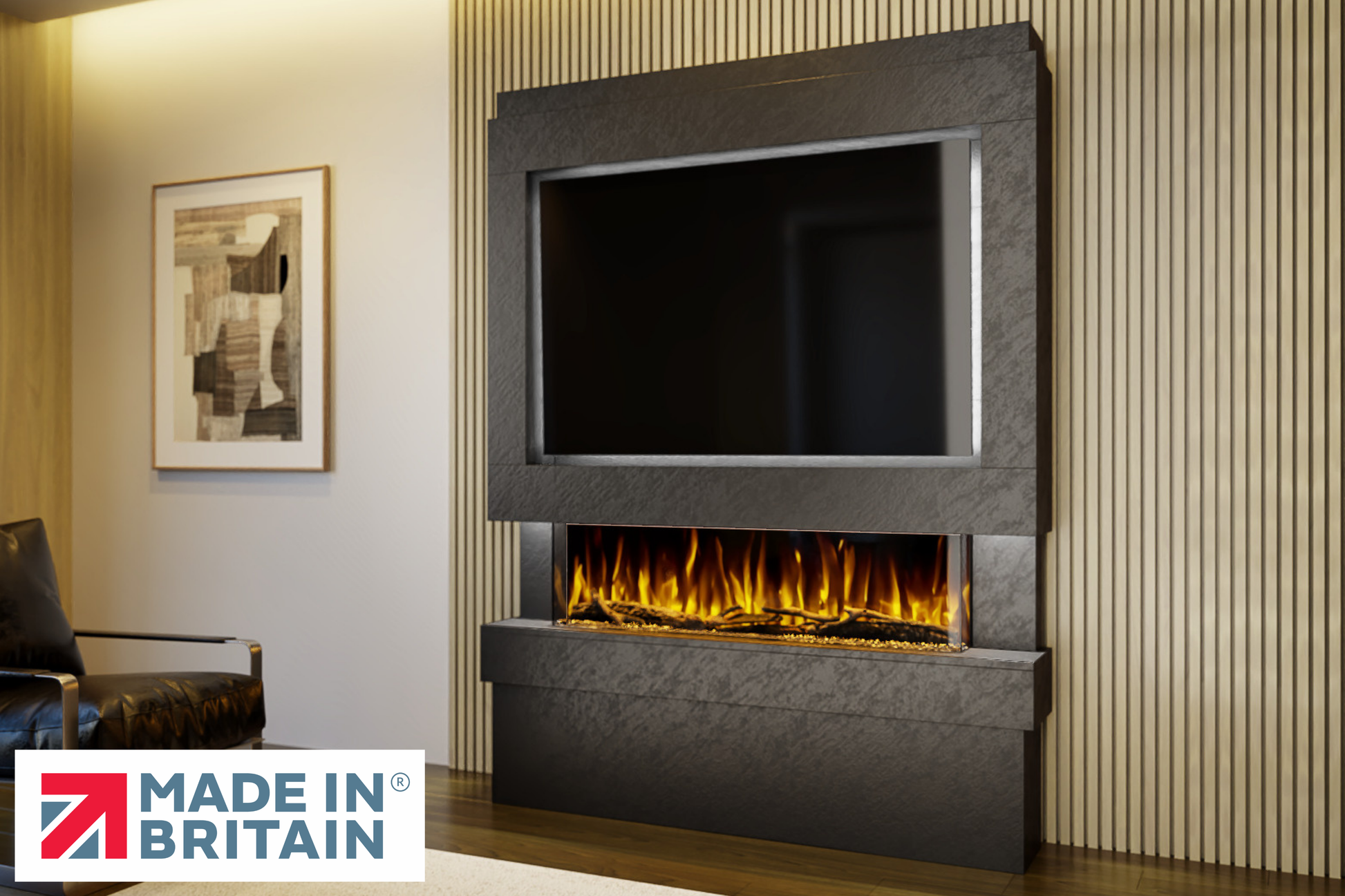Evolution Fires Package 5 – Pre-Built Media Wall with Electric Fireplace-Media Walls-Black Textured-