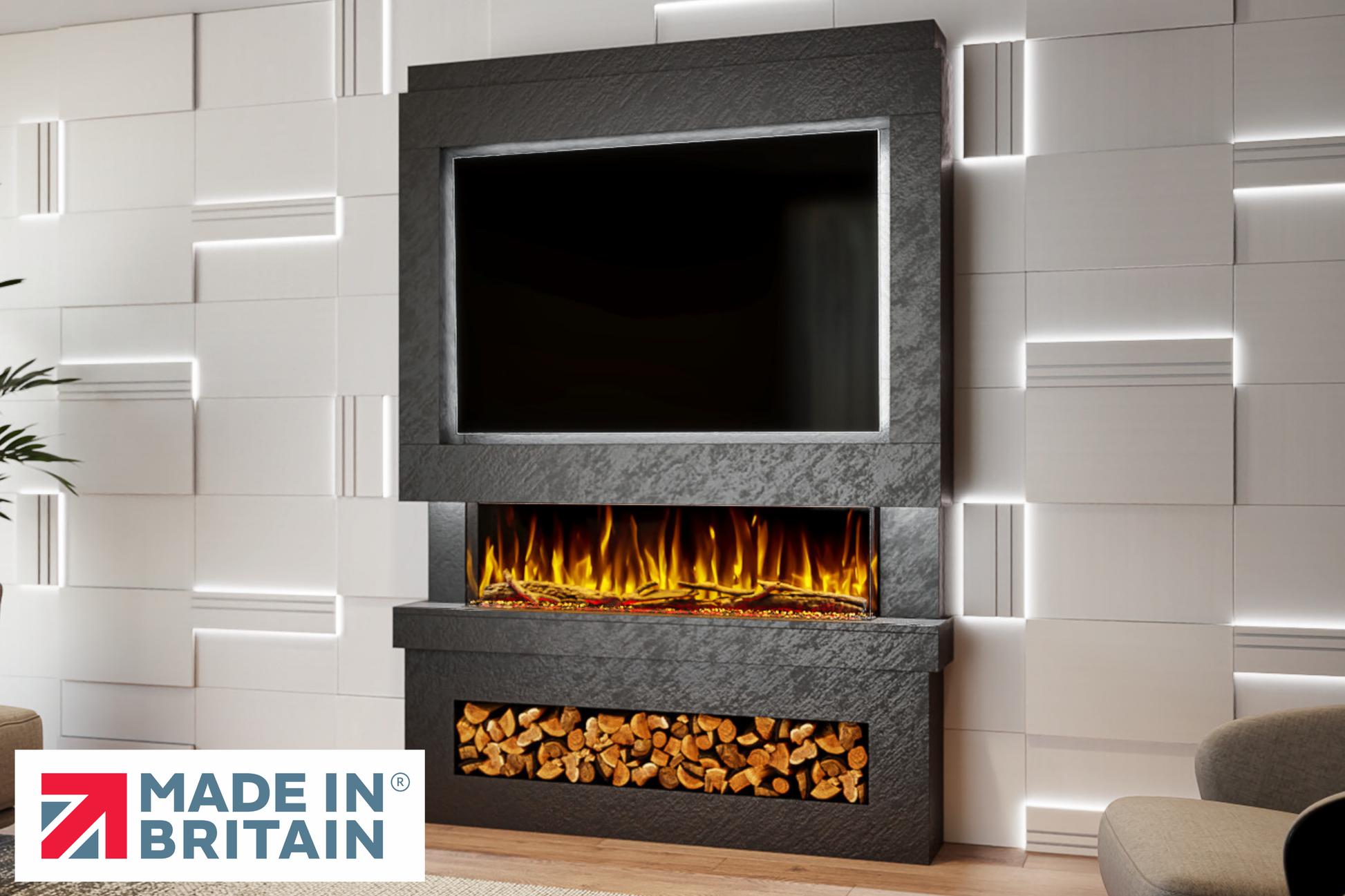 Evolution Fires Package 6 – Pre-Built Media Wall with Electric Fireplace-Media Walls-Black Textured-