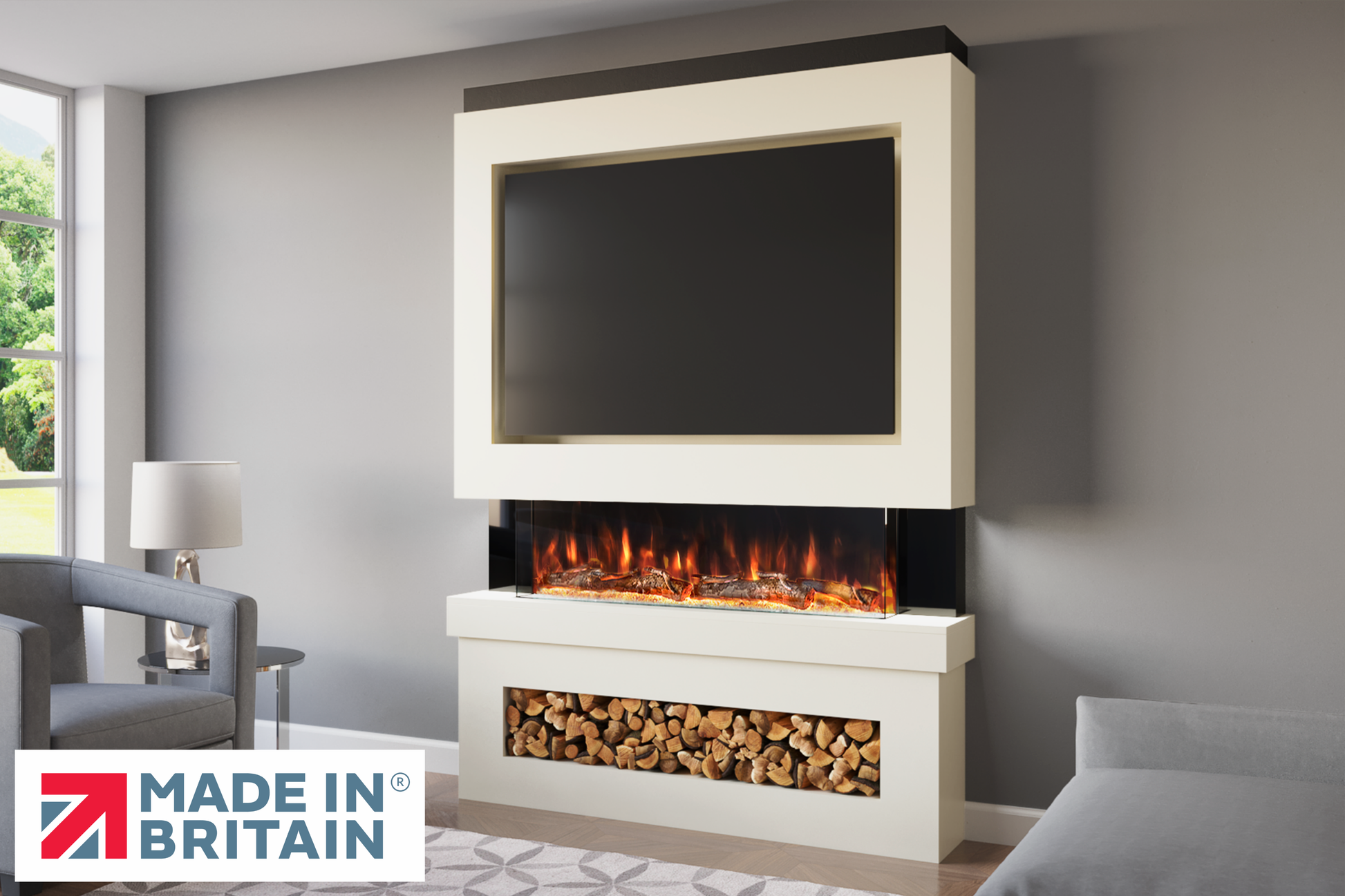 Evolution Fires Package 6 – Pre-Built Media Wall with Electric Fireplace-Media Walls-Cream-