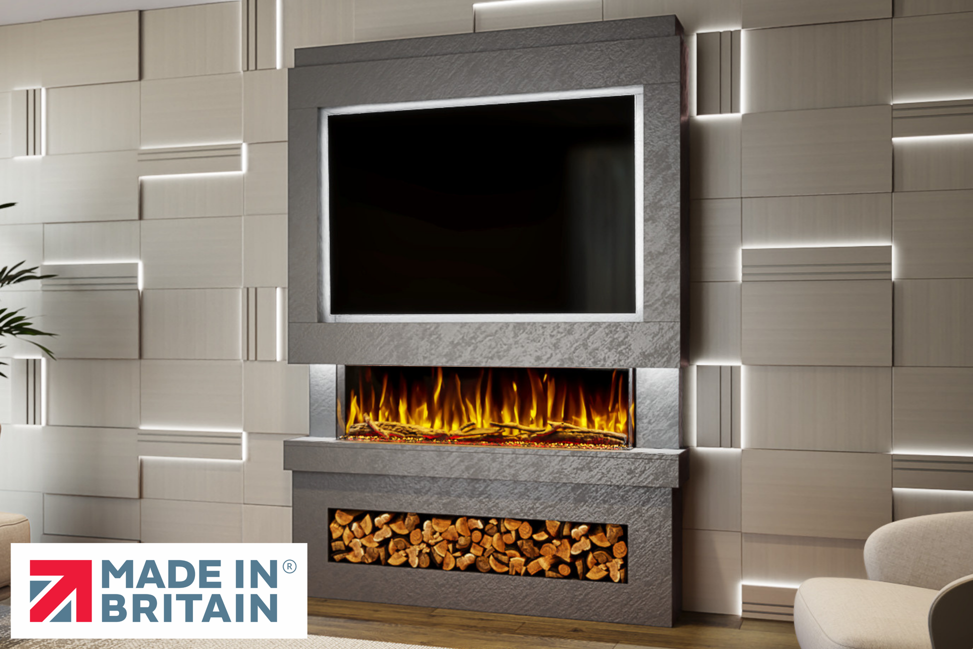 Evolution Fires Package 6 – Pre-Built Media Wall with Electric Fireplace-Media Walls-Grey Textured-