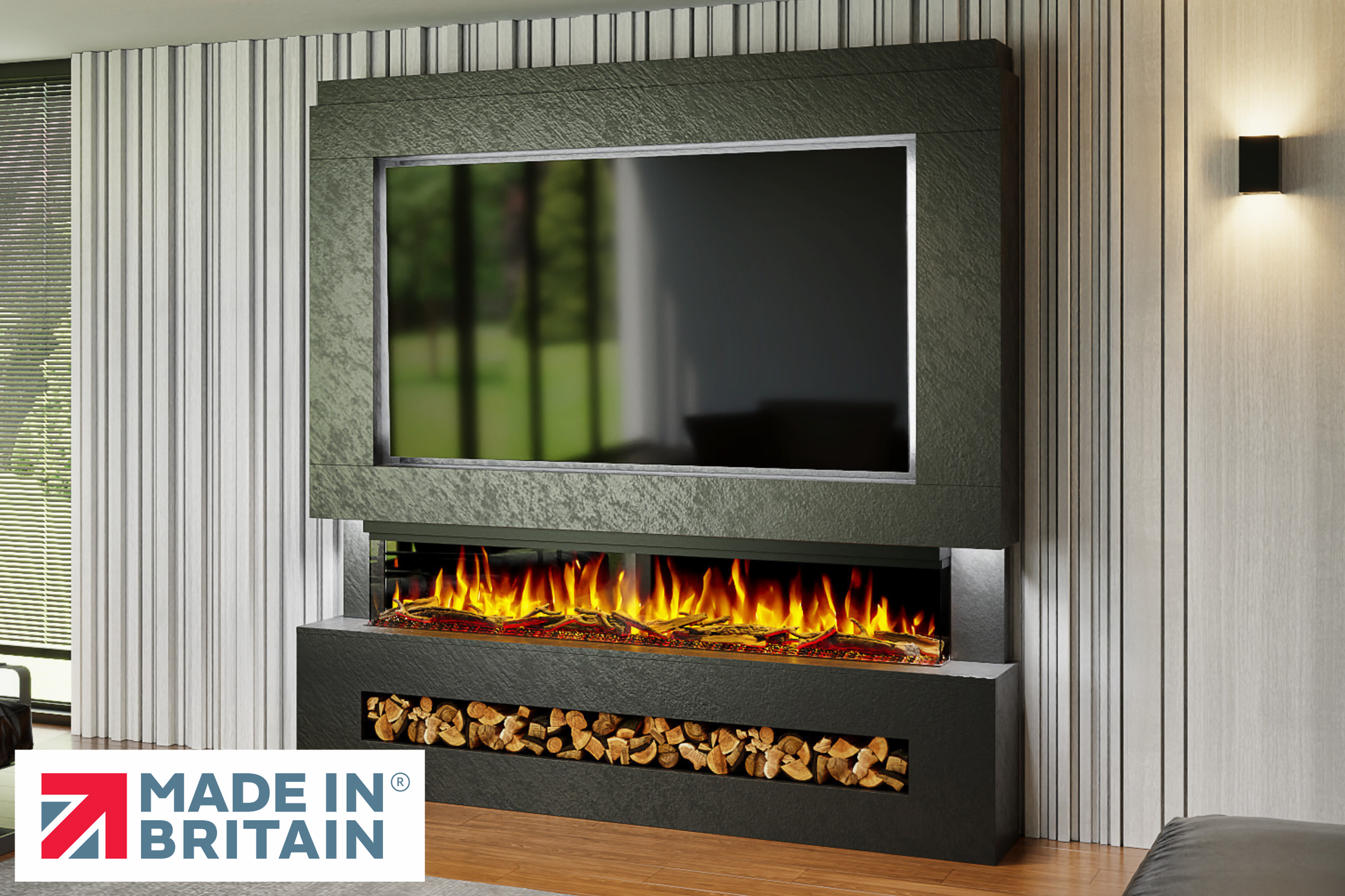 Evolution Fires Package 7 – Pre-Built Media Wall with Electric Fireplace-Media Walls-Black Textured-