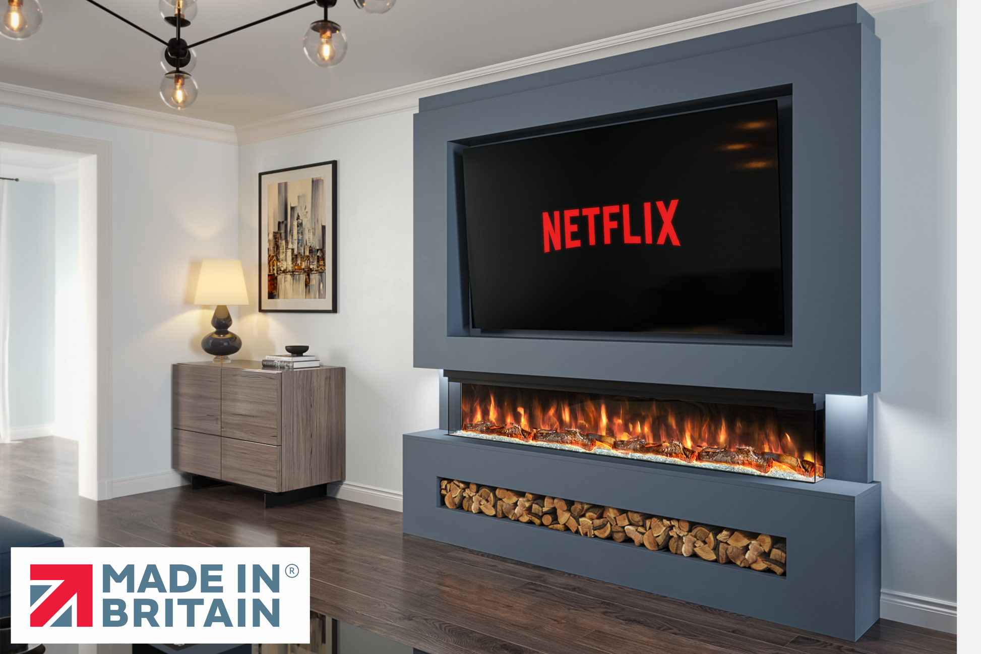 Evolution Fires Package 7 – Pre-Built Media Wall with Electric Fireplace-Media Walls-Blue-