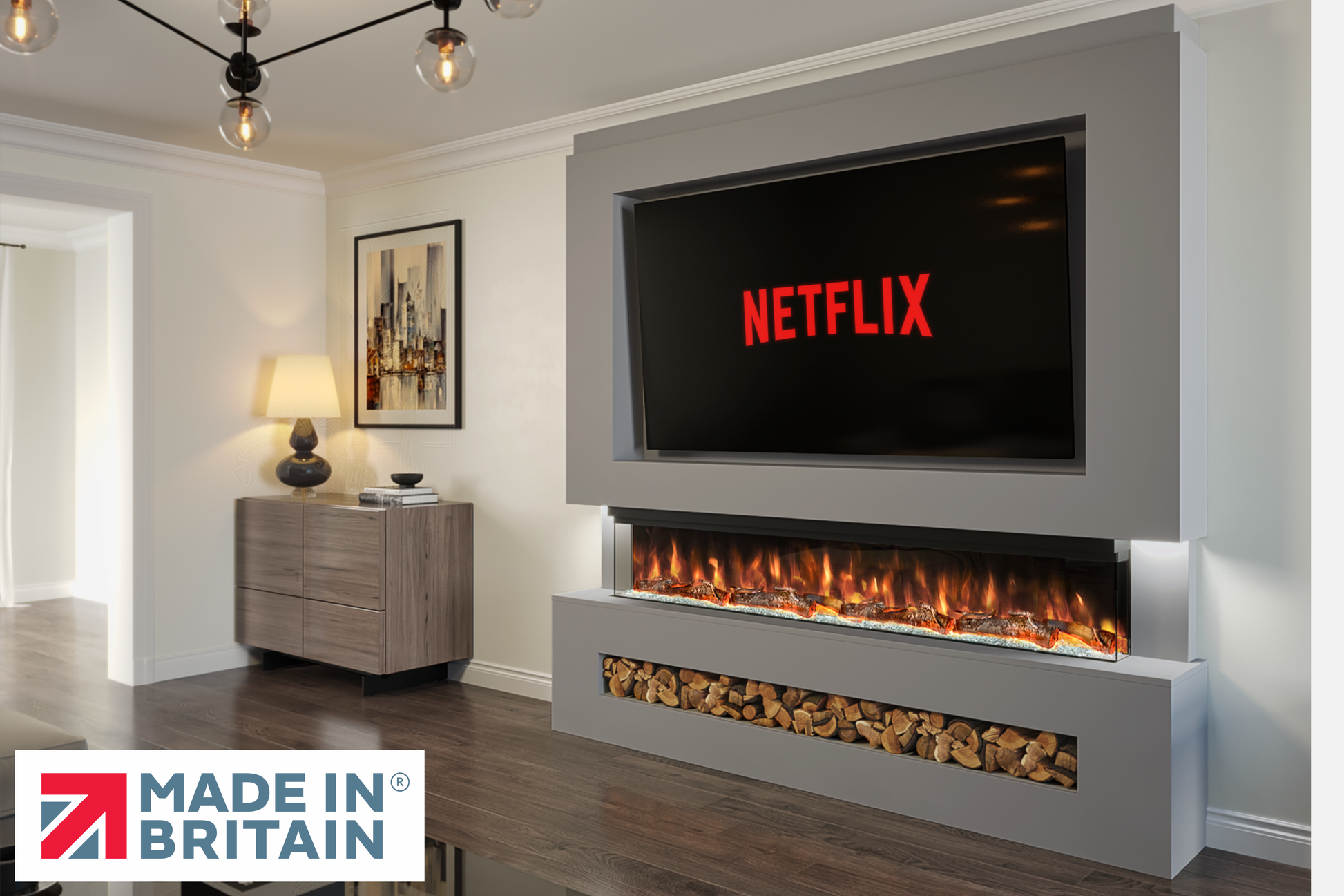 Evolution Fires Package 7 – Pre-Built Media Wall with Electric Fireplace-Media Walls-Grey-