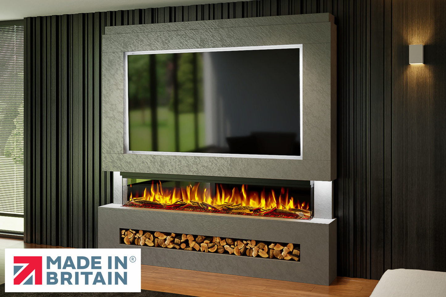 Evolution Fires Package 7 – Pre-Built Media Wall with Electric Fireplace-Media Walls-Grey Textured-
