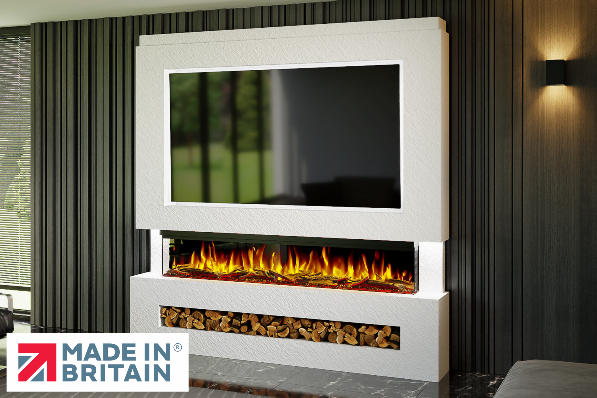 Evolution Fires Package 7 – Pre-Built Media Wall with Electric Fireplace-Media Walls-White Textured-