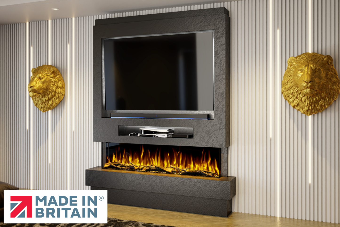 Evolution Fires Package 8 – Pre-Built Media Wall with Electric Fireplace-Media Walls-Black Textured-