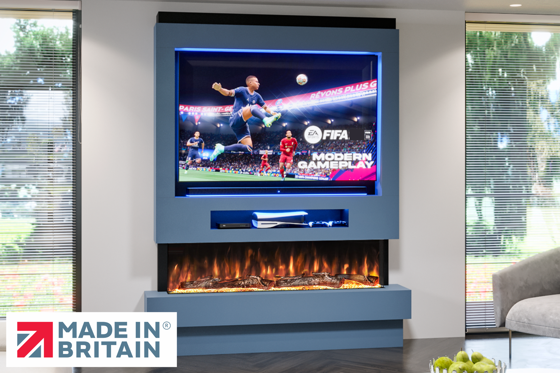 Evolution Fires Package 8 – Pre-Built Media Wall with Electric Fireplace-Media Walls-Blue-