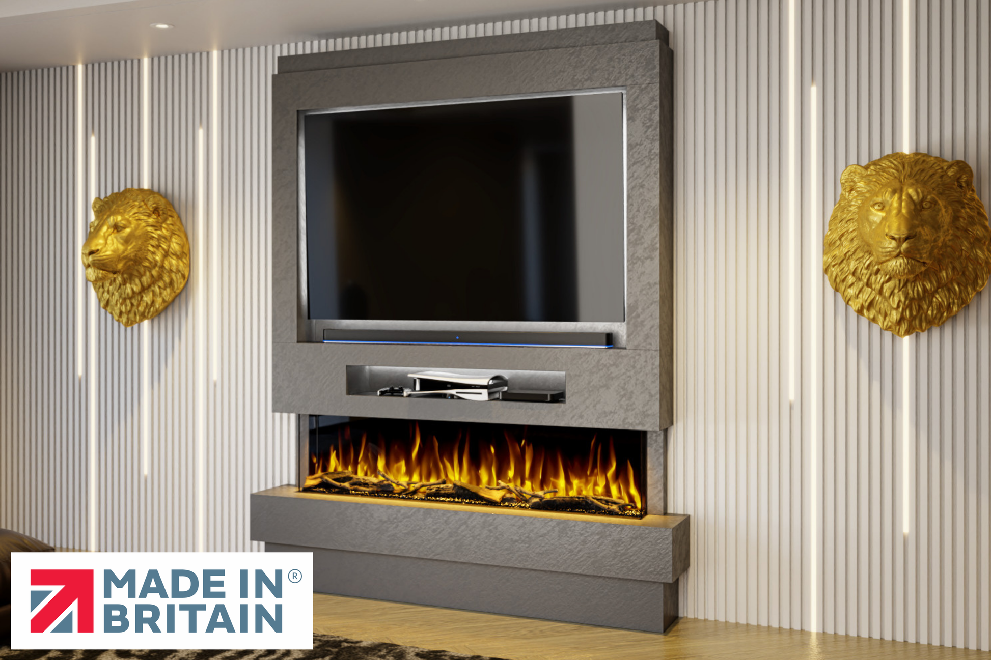 Evolution Fires Package 8 – Pre-Built Media Wall with Electric Fireplace-Media Walls-Grey Textured-