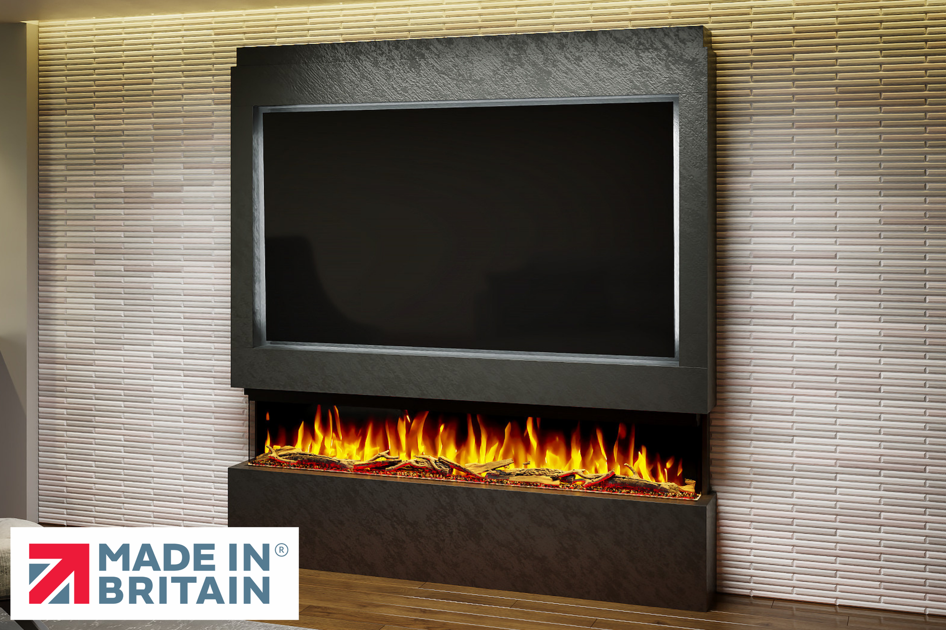 Evolution Fires Package 9 – Pre-Built Media Wall with Electric Fireplace-Media Walls-Black Textured-