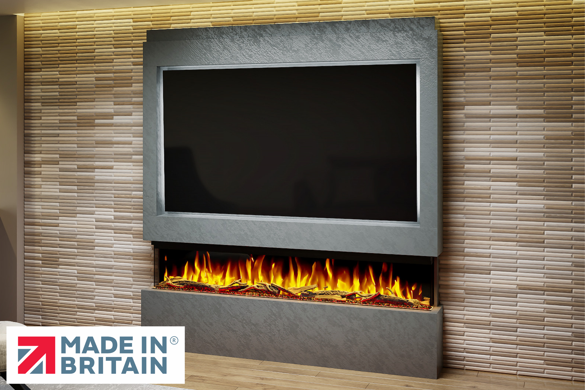 Evolution Fires Package 9 – Pre-Built Media Wall with Electric Fireplace-Media Walls-Grey Textured-