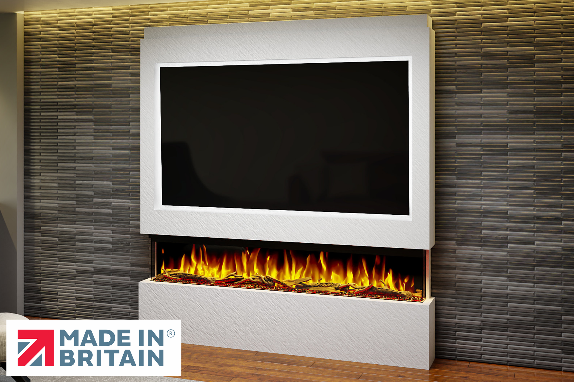 Evolution Fires Package 9 – Pre-Built Media Wall with Electric Fireplace-Media Walls-White Textured-