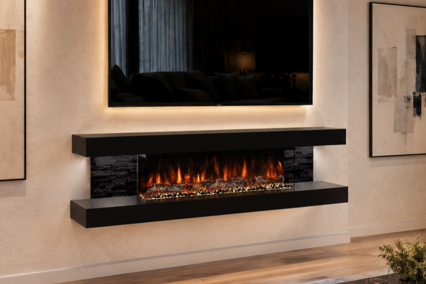 Evolution Fires - Vegas 72 - Wall-Mounted Electric Fireplace - Black - Black Stone Tiles