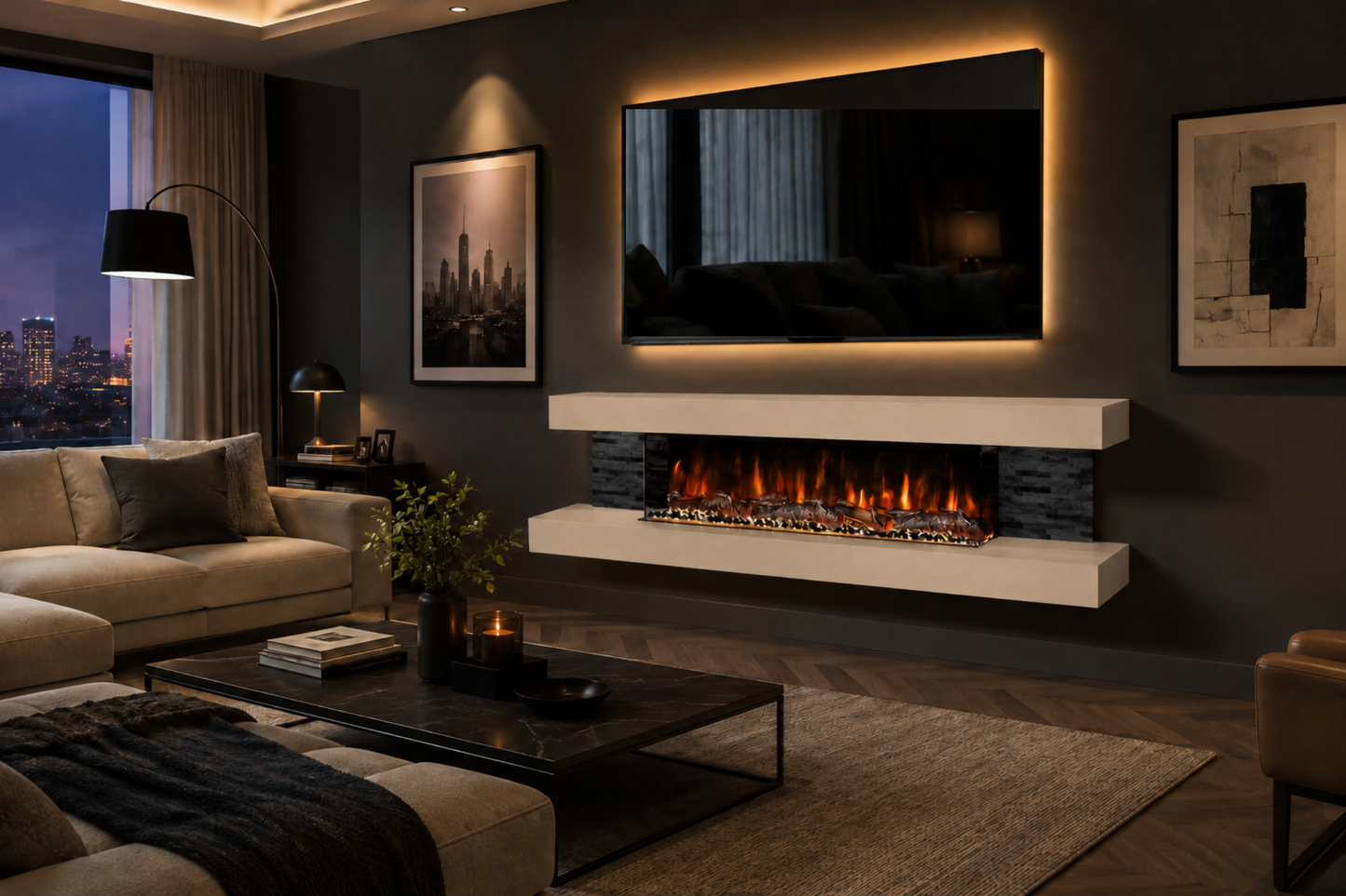 Evolution Fires - Vegas 72 - Wall-Mounted Electric Fireplace (Cream, Black Stone)
