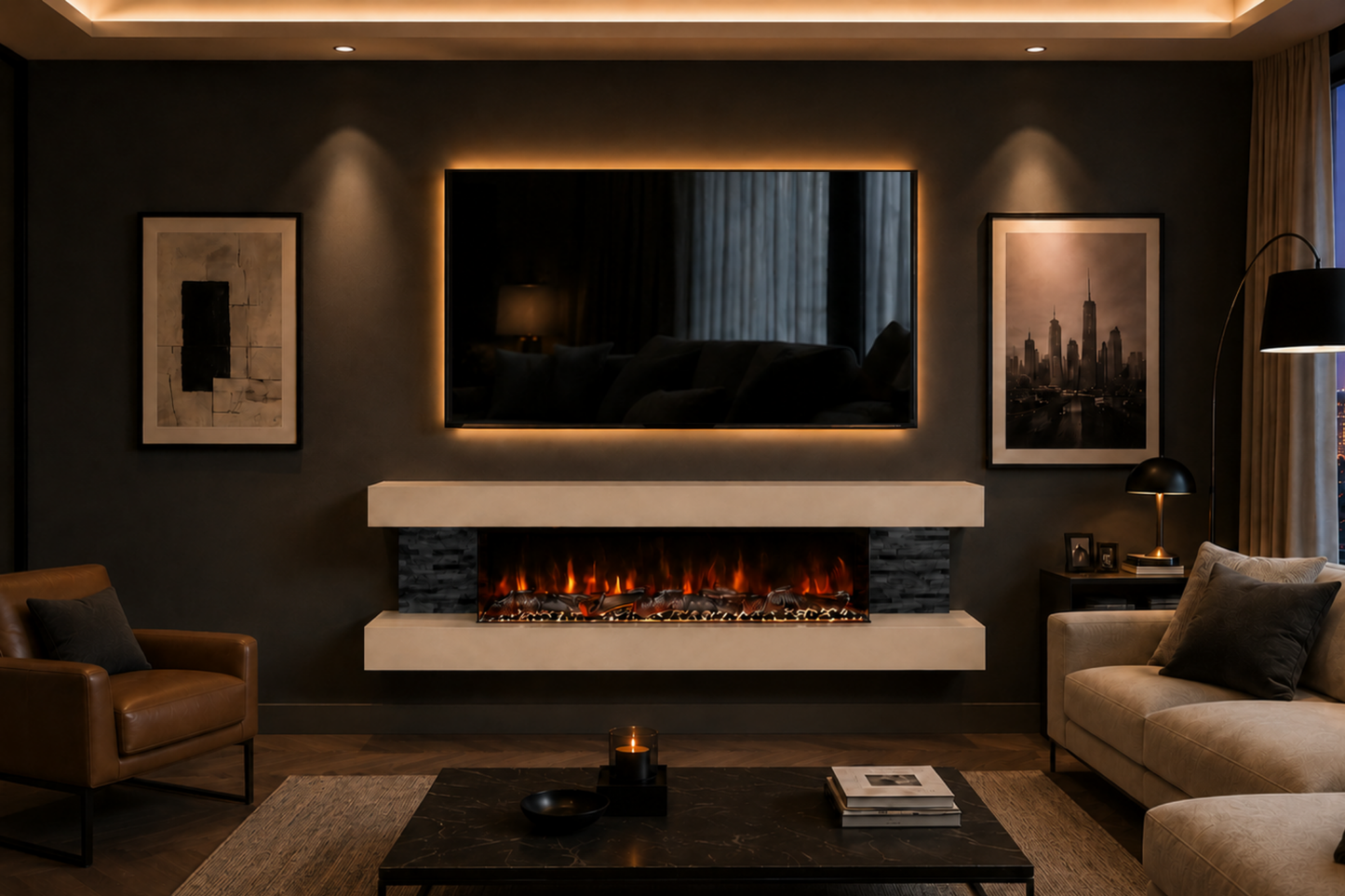 Evolution Fires - Vegas 72 - Wall-Mounted Electric Fireplace (Cream, Black Stone)