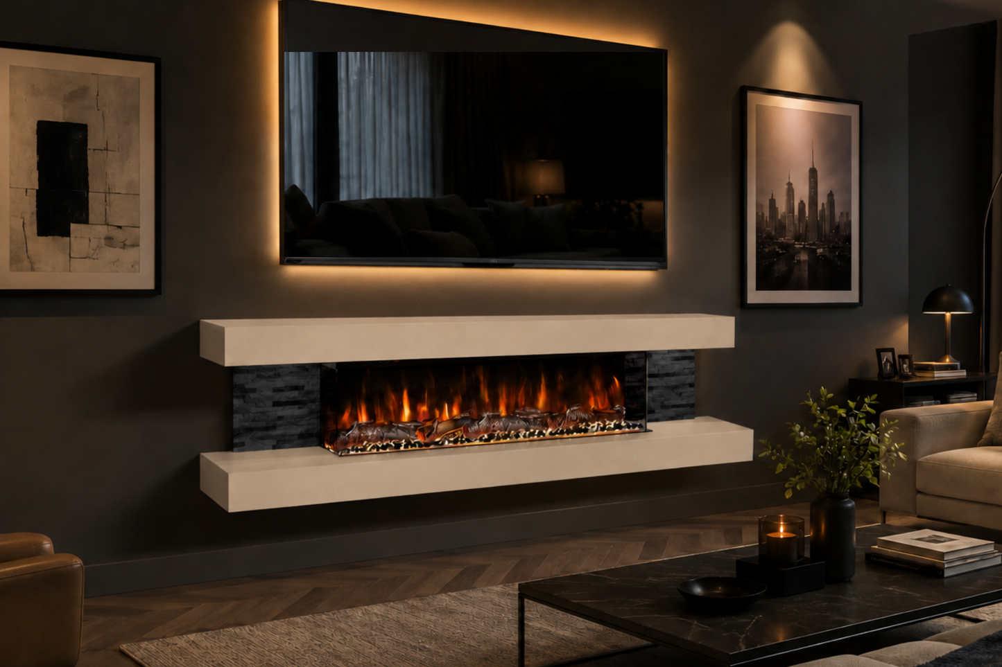 Evolution Fires - Vegas 72 - Wall-Mounted Electric Fireplace (Cream, Black Stone)