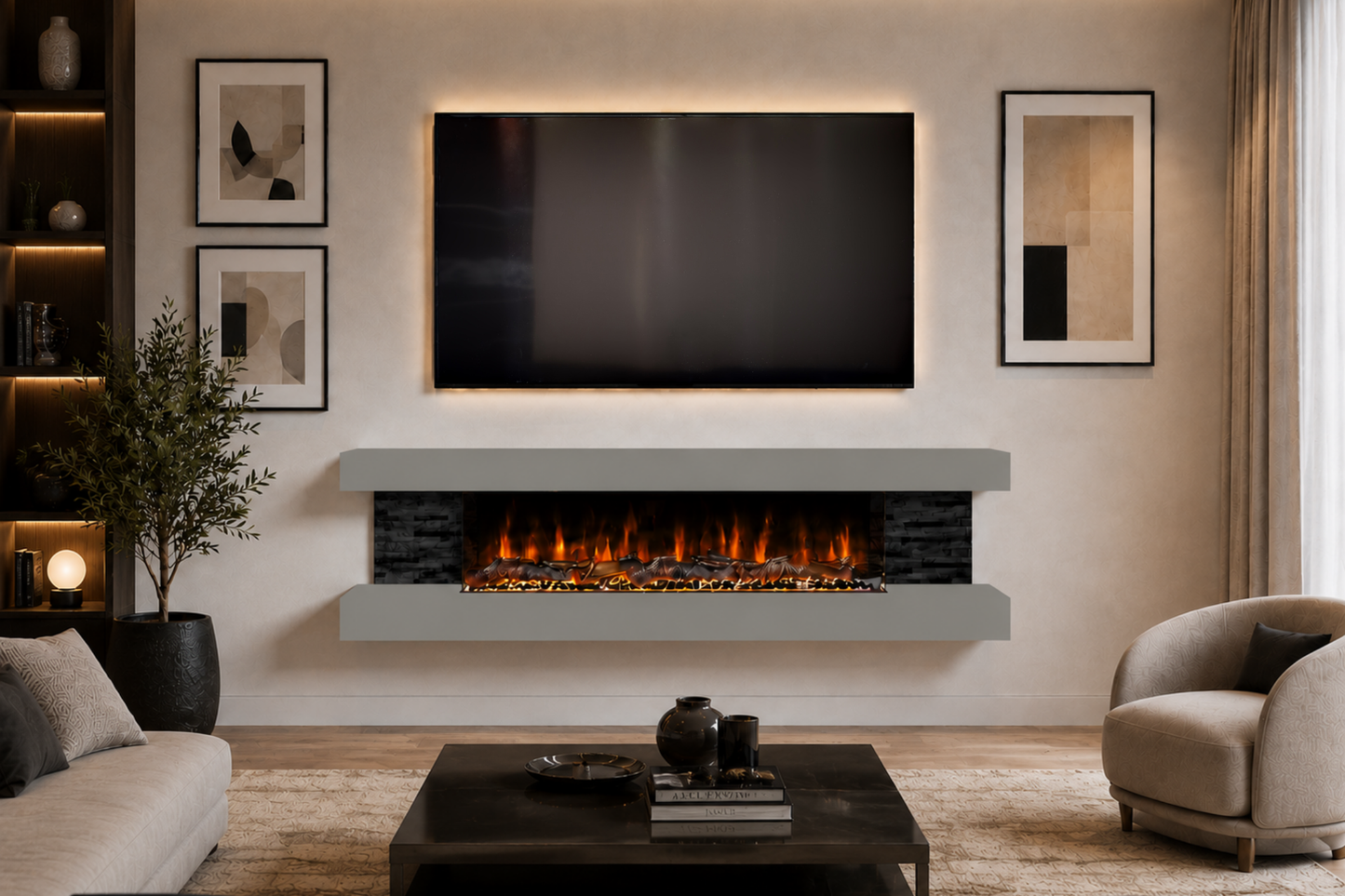 Evolution Fires - Vegas 72 - Wall-Mounted Electric Fireplace  (Gray, Black Stone)