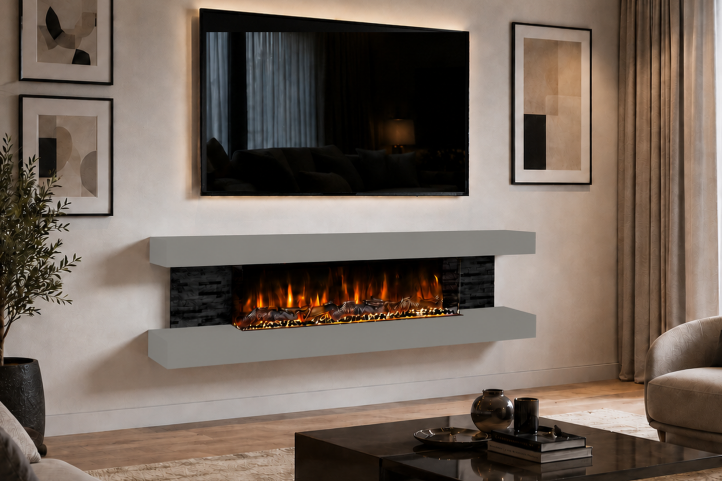 Evolution Fires - Vegas 72 - Wall-Mounted Electric Fireplace  (Gray, Black Stone)