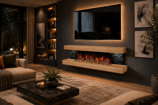 Evolution Fires - Vegas 72 - Wall-Mounted Electric Fireplace  (Oak, Black Stone)