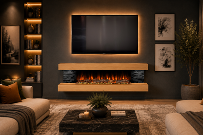Evolution Fires - Vegas 72 - Wall-Mounted Electric Fireplace  (Oak, Black Stone)